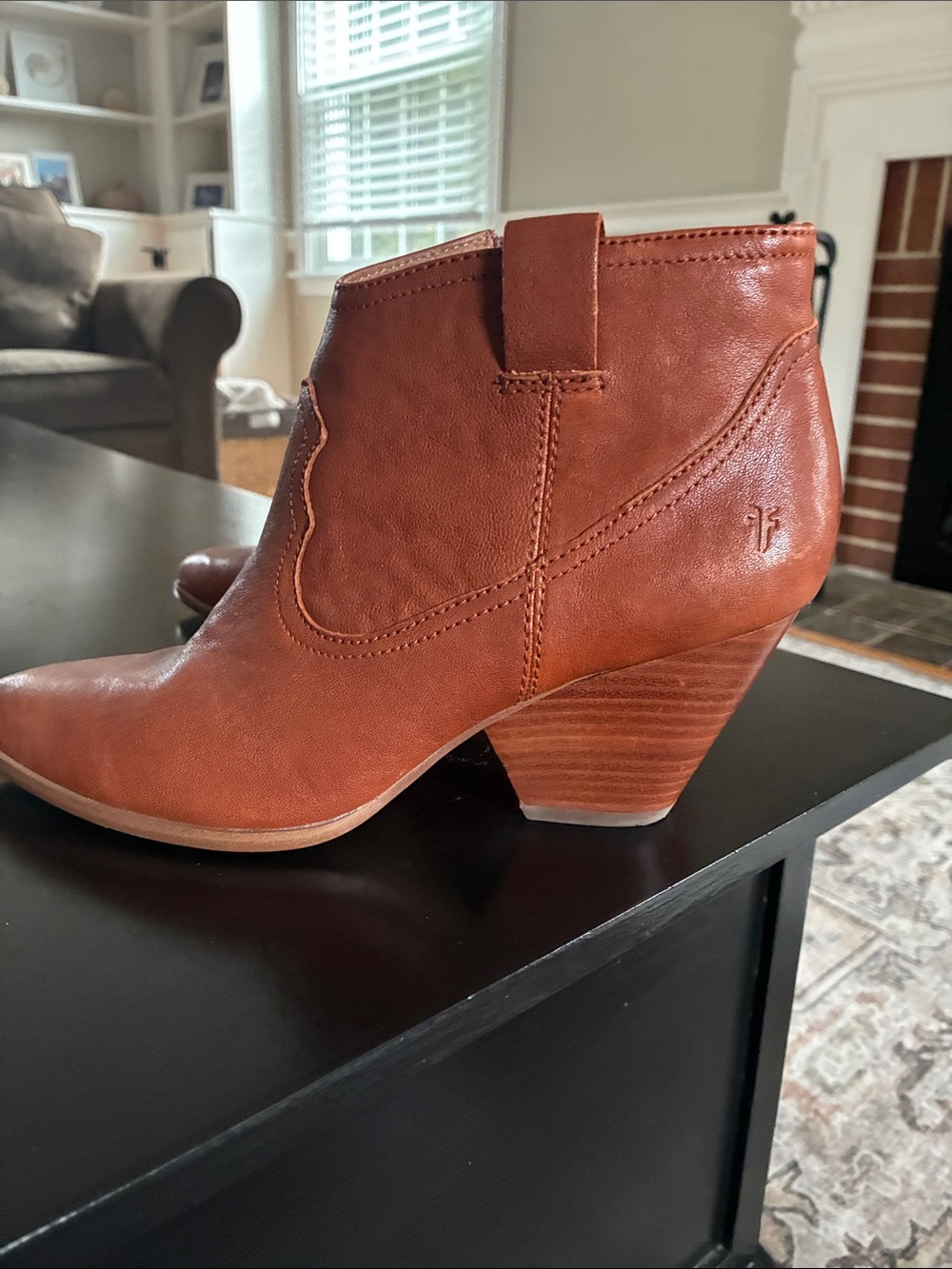Frye Cognac Leather Ankle Booties with Stacked Heel